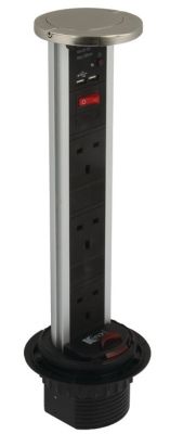 HAFELE VERTICAL POWERDOCK BLACK & ALUMINIUM with STAINLESS STEEL TOP COVER, IP54 RATED, 3 x 13 AMP SOCKETS, 2 x USB CONNECTORS, 822.71.022
