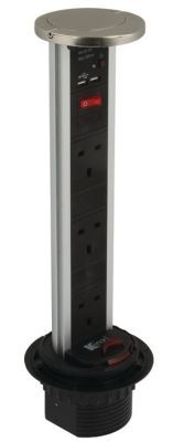 HAFELE VERTICAL POWERDOCK BLACK & ALUMINIUM with CHROME TOP COVER, IP54 RATED, 3 x 13 AMP SOCKETS, 2 x USB CONNECTORS, 822.71.222 *SPECIAL OFFER*