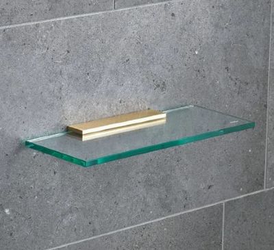 MILLER CLASSIC BRUSHED BRASS BATHROOM 30cm STRAIGHT CLEAR GLASS SHELF, 810230/8102MP1