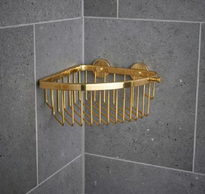 MILLER CLASSIC POLISHED UNTREATED BRASS BATHROOM GLUABLE CORNER BASKET with HOOK, 856MP/MPG1 MILLER CLASSIC POLISHED UNTREATED BRASS BATHROOM GLUABLE CORNER BASKET with HOOK, 856MP/MPG1