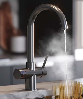 EVO ATHENA/350 SERIES 3 IN 1 GUN METAL BLACK BOILING WATER MONO DUAL LEVER SWAN NECK SHAPED KITCHEN SINK MIXER TAP, SWIVEL SPOUT with DIGITAL TANK, BWT356GMB
