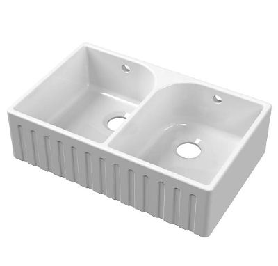 NUIE WHITE BUTLER DOUBLE BOWL CERAMIC SINK FLUTED/RIBBED with FULL WEIR & OVERFLOW - W795 x D500 x H220mm, BUF121AF32D (UF)