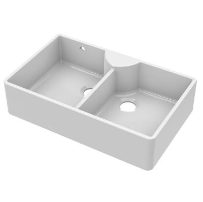 NUIE WHITE BUTLER DOUBLE BOWL CERAMIC SINK with STEPPED WEIR, TAP LEDGE & OVERFLOW - W895 x D550 x H220mm, BU121AS36D (UF)