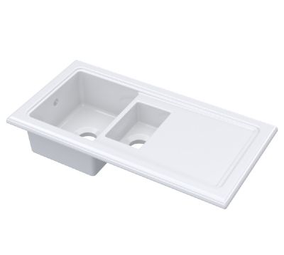 NUIE COUNTER TOP/INSET WHITE 1.5 BOWL CERAMIC SINK with REVERSIBLE DRAINER, CT115TF1000 (UF)