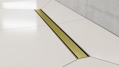 IMPEY AQUA-DEC LINEAR DRAIN 2 & 4 - 600mm 'ALLURE ELEMENT' BRUSHED GOLD INSERT TOP with VERTICAL OUTLET, LNR60SBSS-01/V IMPEY AQUA-DEC LINEAR DRAIN 2 & 4 - 600mm 'ALLURE ELEMENT' BRUSHED GOLD INSERT TOP with VERTICAL OUTLET, LNR60SBSS-01/V