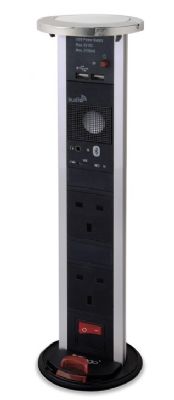 HAFELE VERTICAL POWERDOCK BLACK & ALUMINIUM with CHROME TOP COVER, IP54 RATED, 2 x 13 AMP SOCKETS, 2 x USB CONNECTORS & BLUETOOTH SPEAKER, 822.80.500